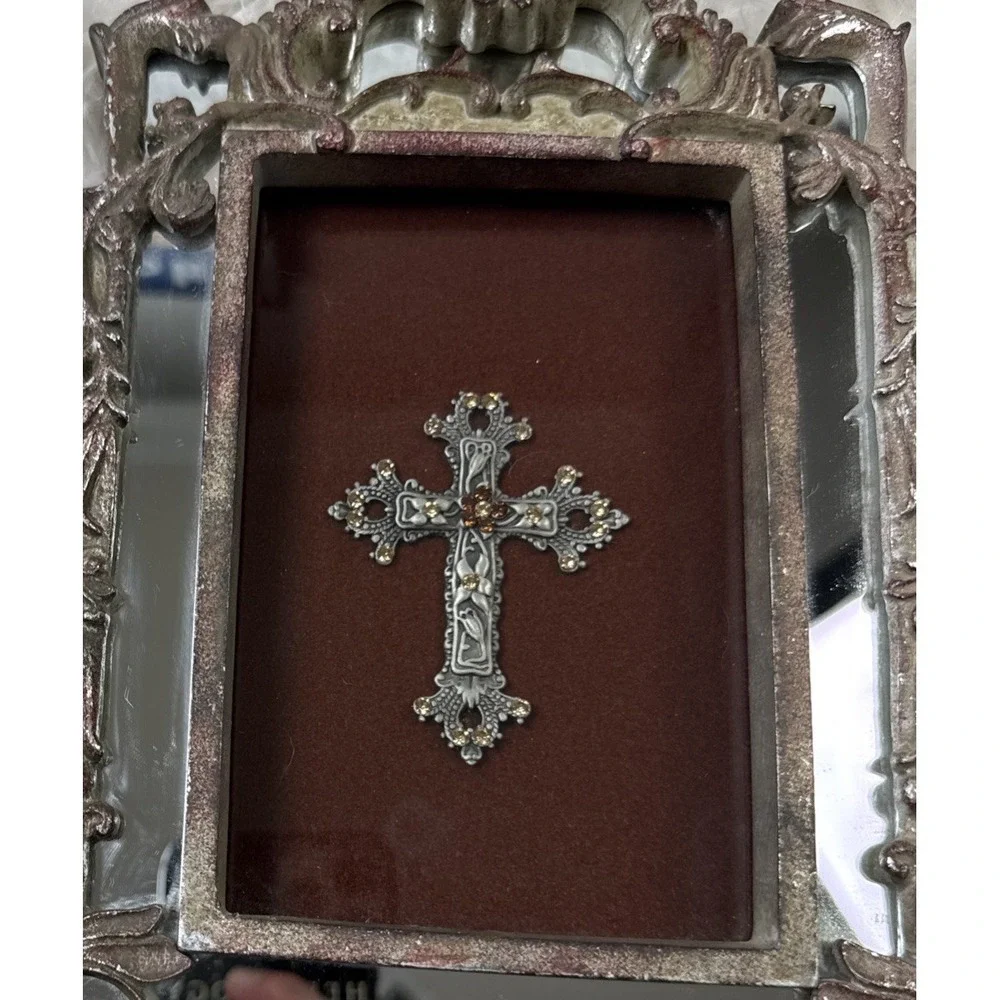 Belinda Miley 2004 Shadow Box Cross Swarovski Crystal Mirrored Frame Wall Decor